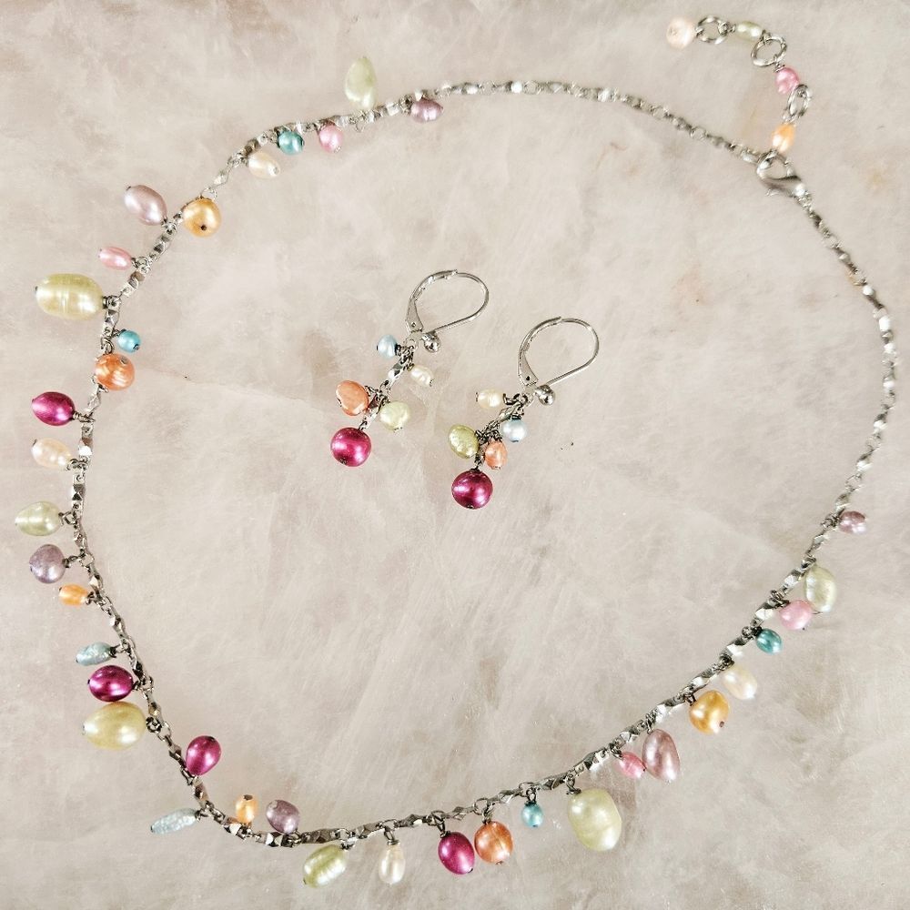 Vintage Demi Parure Multicolor Freshwater Baroque Pearl Necklace & Earrings Set - Picture 2 of 8
